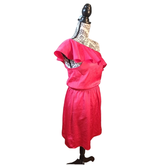 BCBGeneration One Shoulder Lollipop Blouson Ruffle Mini Dress Size L In Hot Pink - Picture 2 of 12